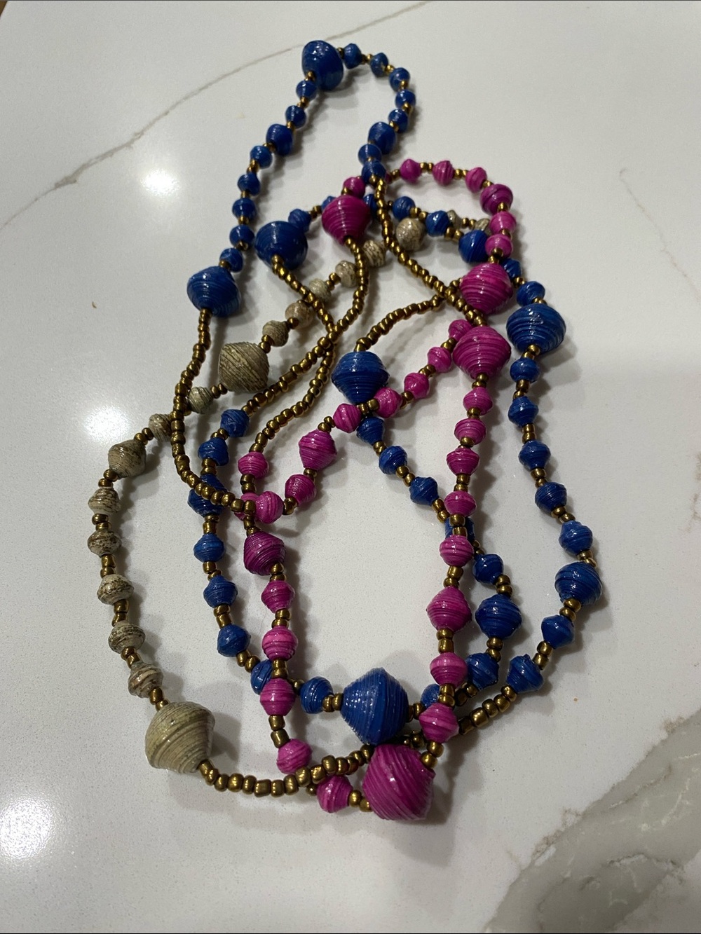 Handcrafted Bead Necklace in Blue, Pink & Gold